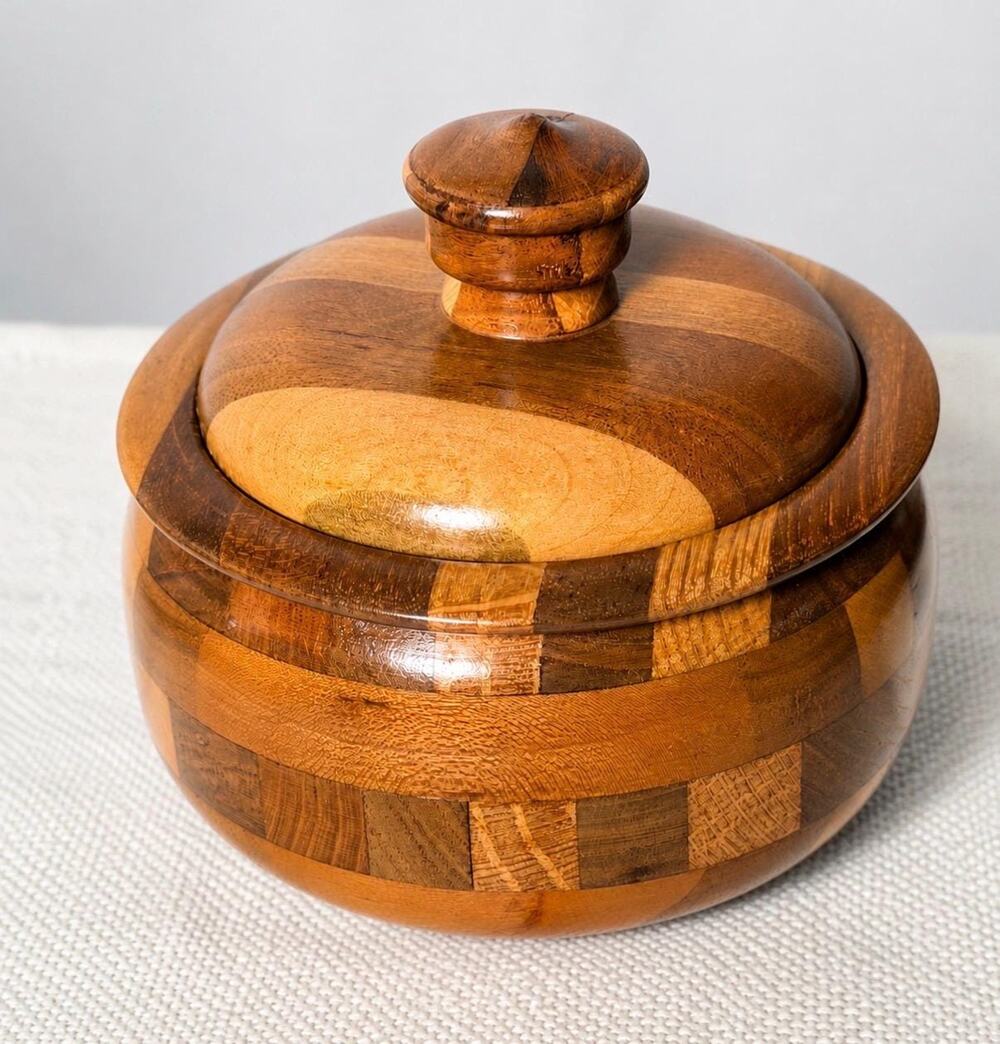 Bill Dunbar Signed Segmented Wood Lidded Bowl | Mid Century Hardwood Trinket Box